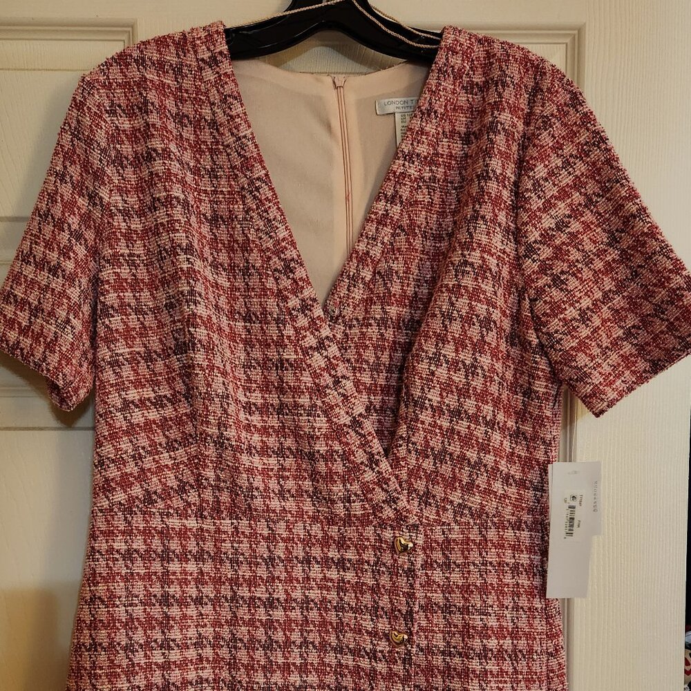 London Times Petite Tweed Surplice-Neck Sheath Dress